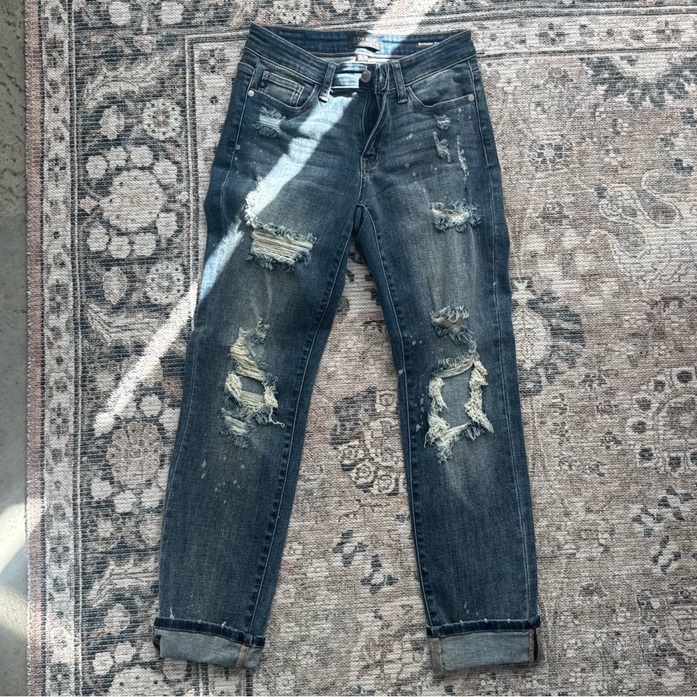 Judy Blue Distressed Dark Blue Boyfriend Jeans